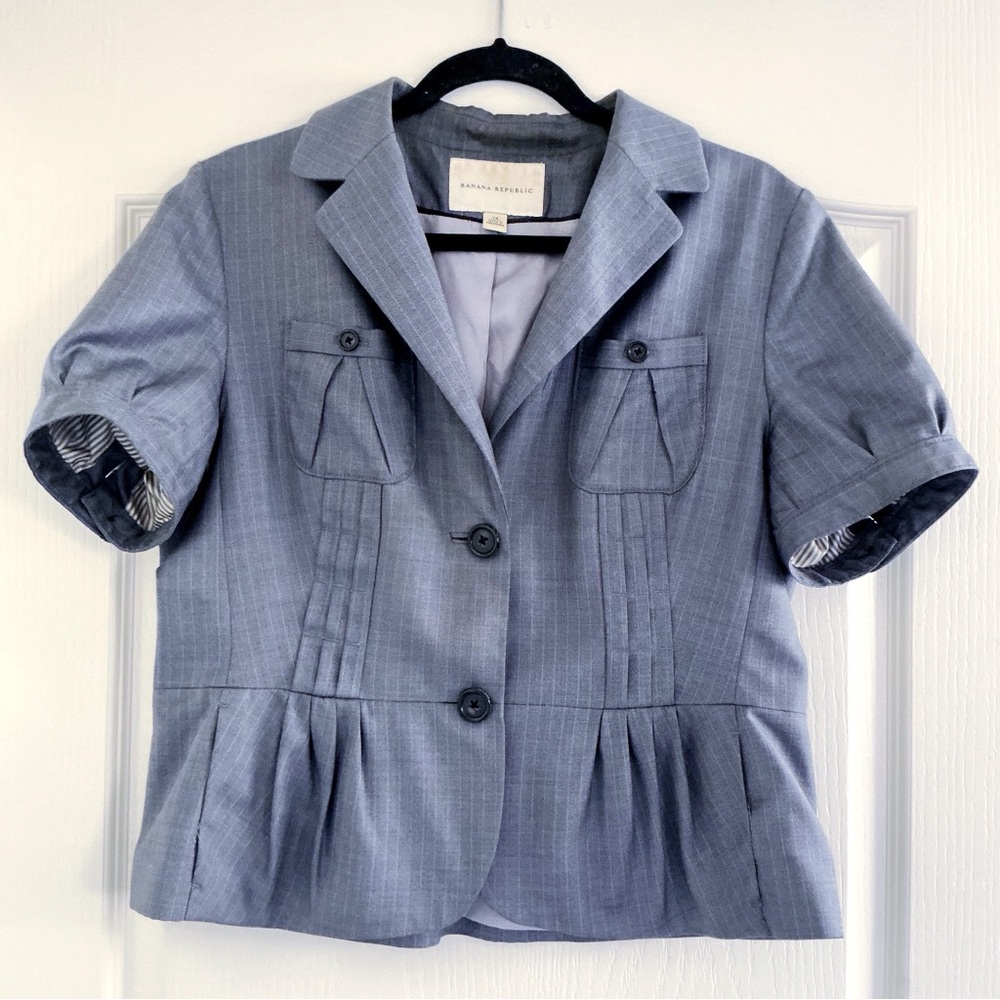 Banana Republic Gray Pinstripe Short Sleeve Fitted Blazer Wool Silk Jacket